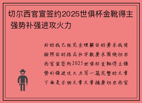 切尔西官宣签约2025世俱杯金靴得主 强势补强进攻火力