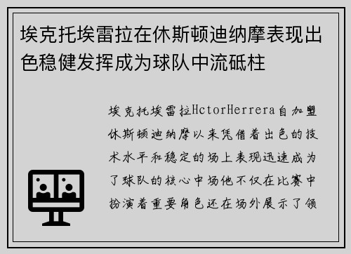 埃克托埃雷拉在休斯顿迪纳摩表现出色稳健发挥成为球队中流砥柱
