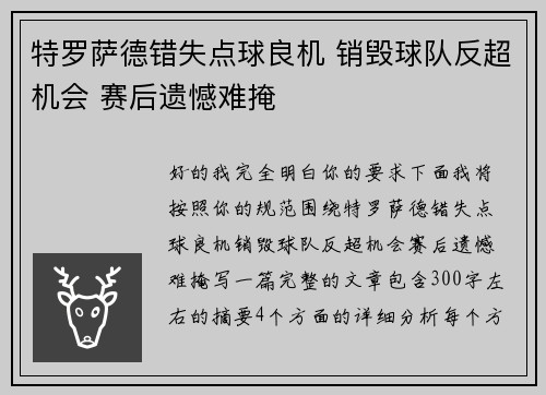 特罗萨德错失点球良机 销毁球队反超机会 赛后遗憾难掩